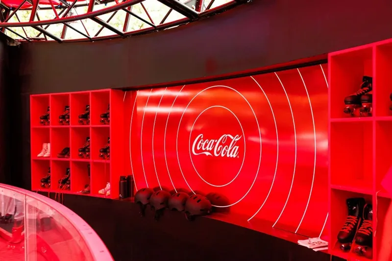The Coca-Cola skate wall lit in red